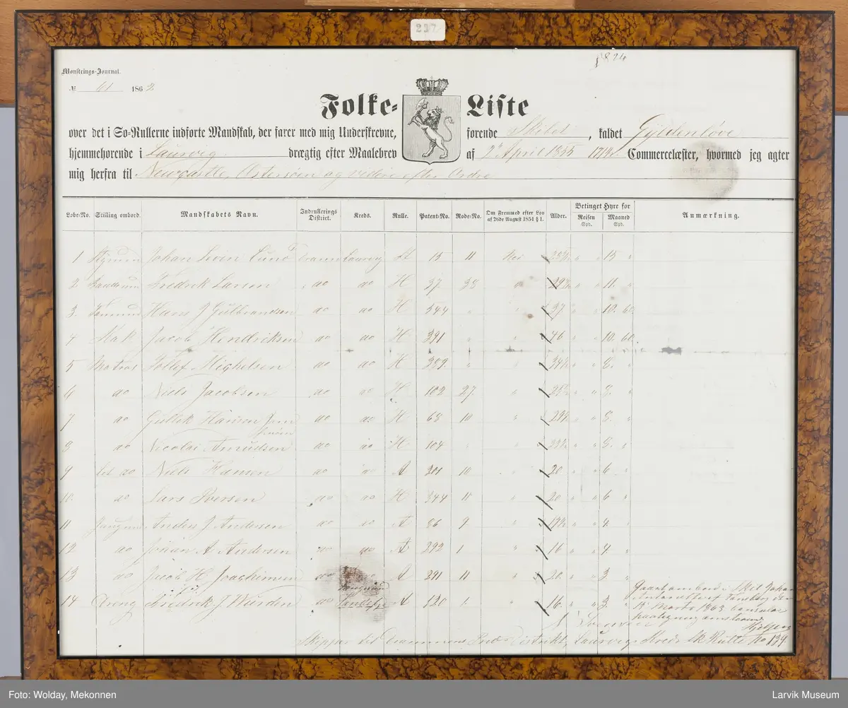Folkeliste "Gyldenløve" av Laurvig, 2. april 1855