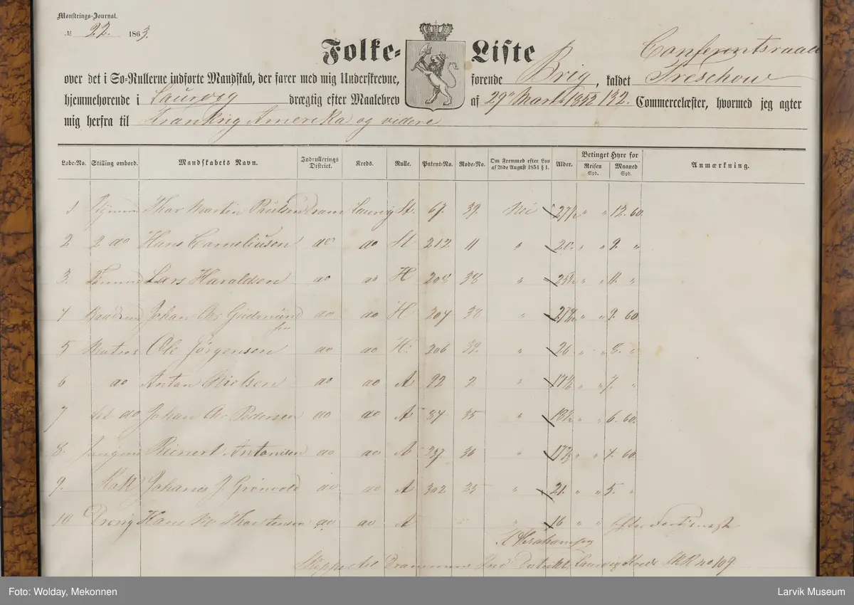 Folkeliste brigg "Conferentsraad Treschow",  29. mars 1852