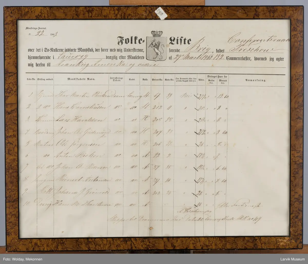 Folkeliste brigg "Conferentsraad Treschow",  29. mars 1852