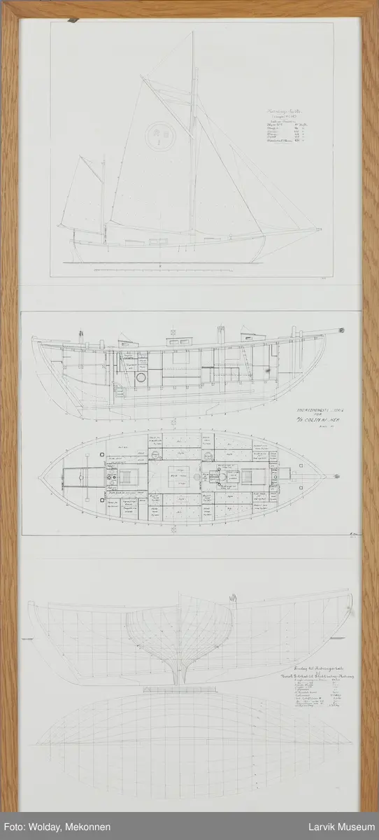 Redningsskøyte RS I med Innredningsliste R/S Colin Archer.
Forslag til redningsskøyte til Norsk Selskap til Skibsbrudnes Redning
