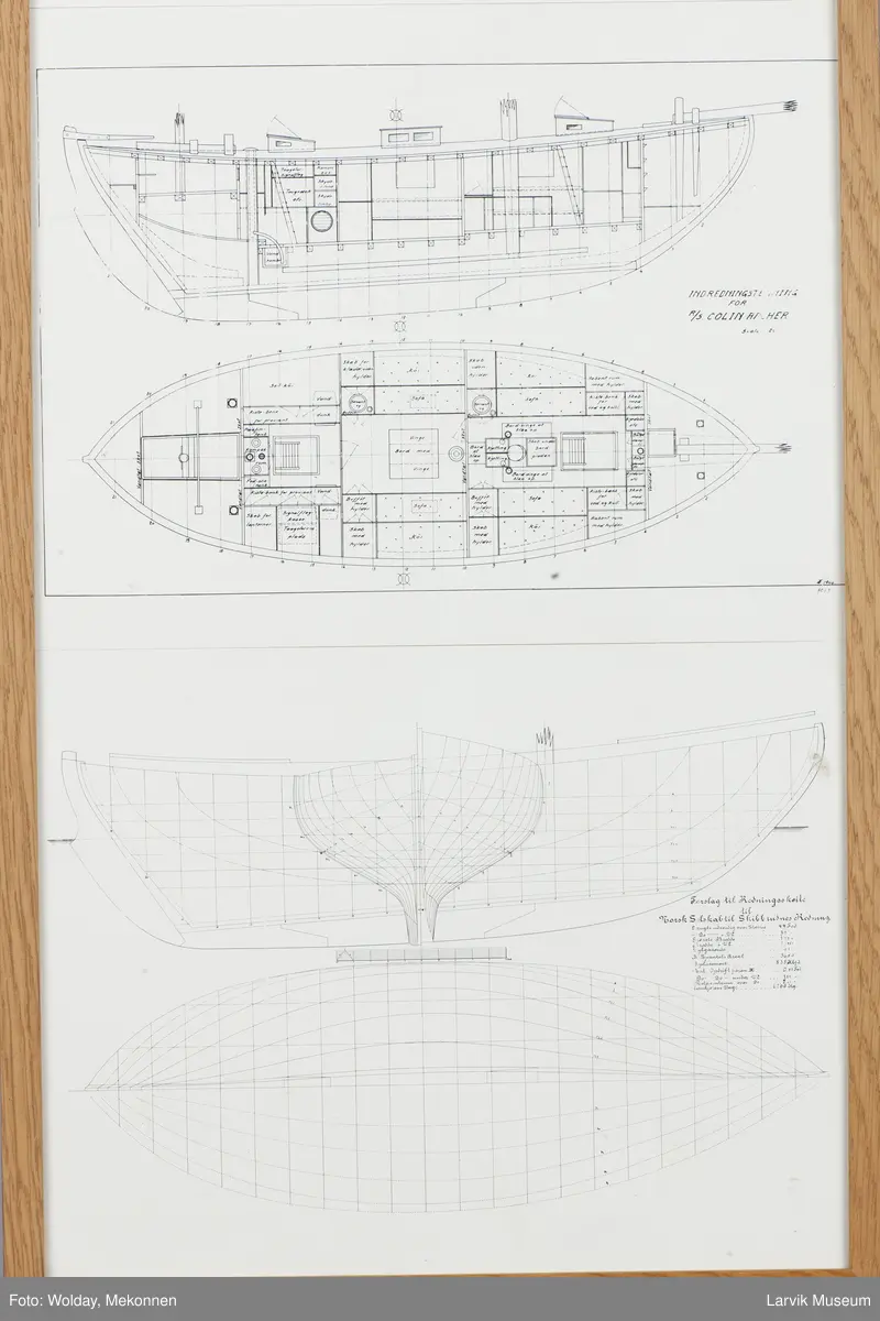 Redningsskøyte RS I med Innredningsliste R/S Colin Archer.
Forslag til redningsskøyte til Norsk Selskap til Skibsbrudnes Redning