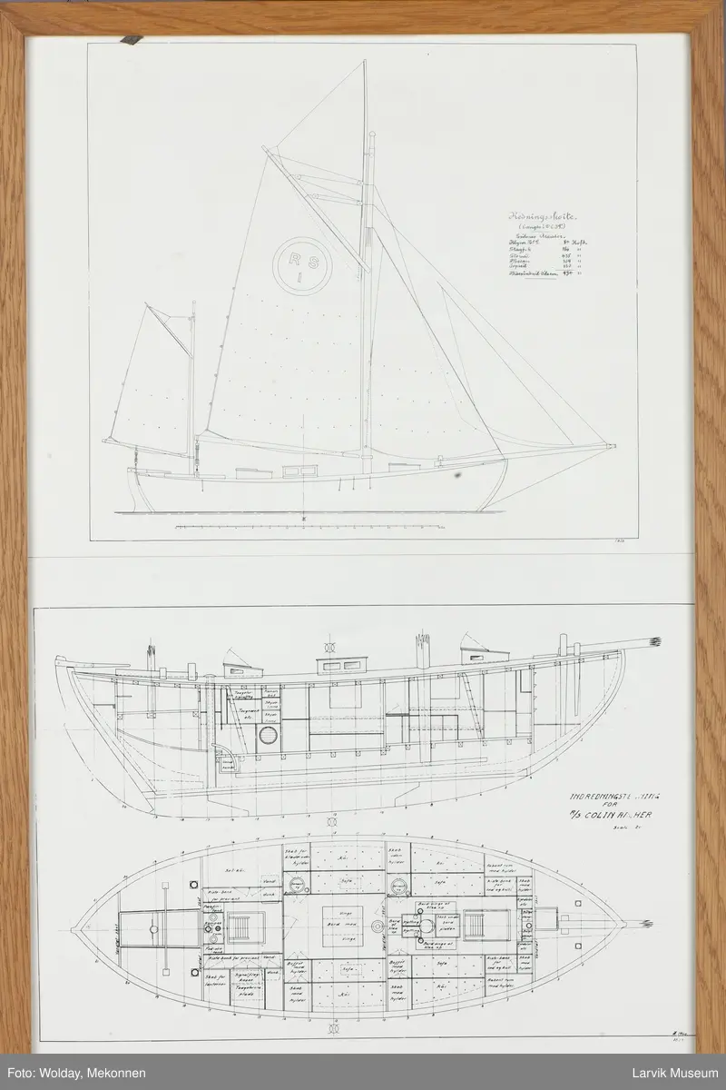 Redningsskøyte RS I med Innredningsliste R/S Colin Archer.
Forslag til redningsskøyte til Norsk Selskap til Skibsbrudnes Redning