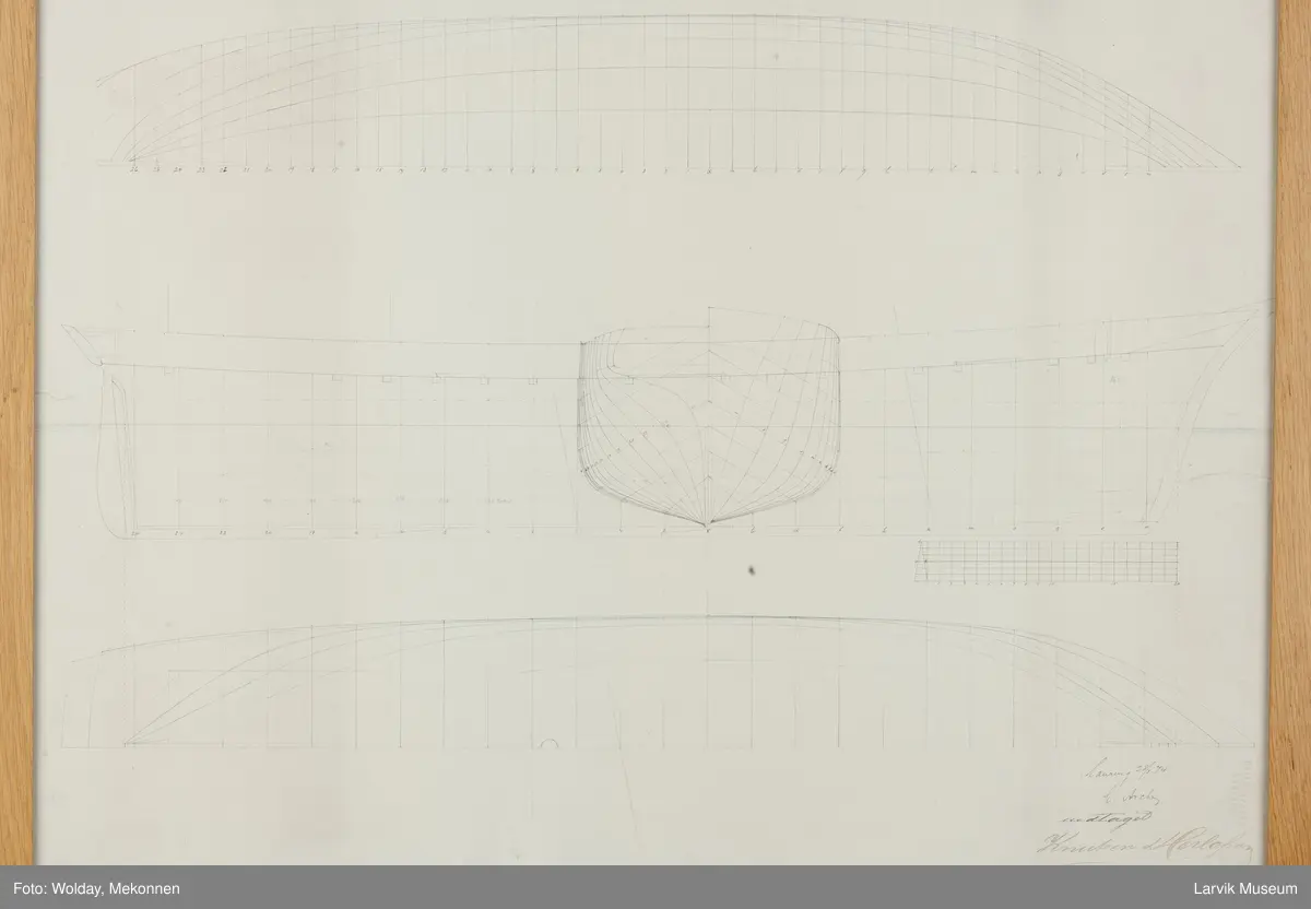 Lengde- og tverrskipstegning av Aries båt for Knudsen og Herlofsen. Signert Colin Archer 28.01.1874