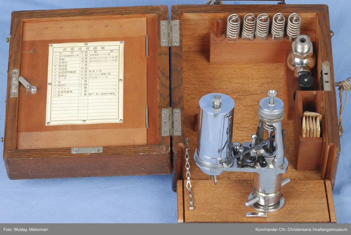 Indikatoren ligger i en trekasse m. diverse tilbehør. Indikatoren ble brukt til å måle trykket dvs. effekten av maskinen. Instrumentet tegnet diagram som kunne leses av for å beregne virkningsgrad, trykk, lekkasjer o.l