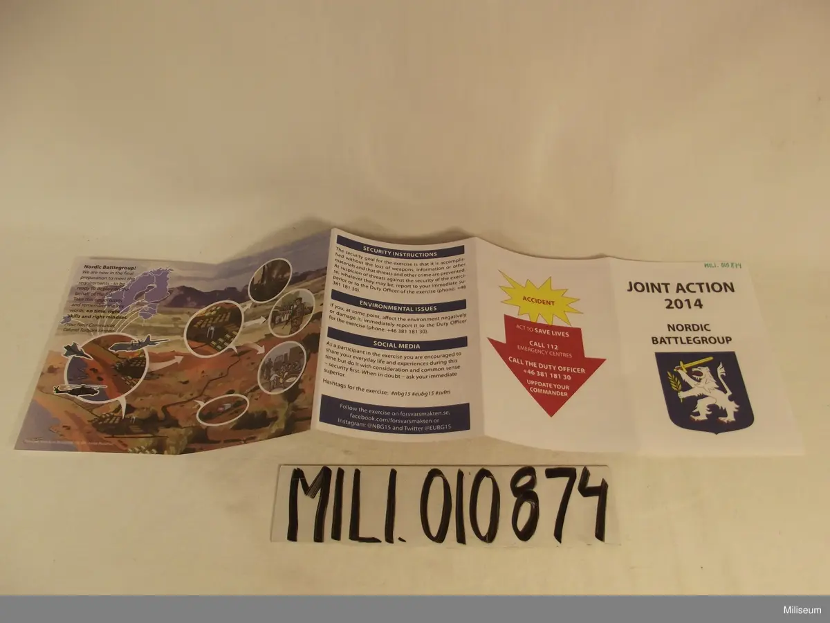 Broschyr med information om "joint Action 2014" som var en storövning med Nordic Battlegroup