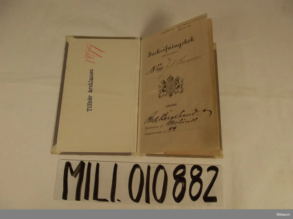 Inskrivningsbok för Johan Ansgarius Hansson från 1899