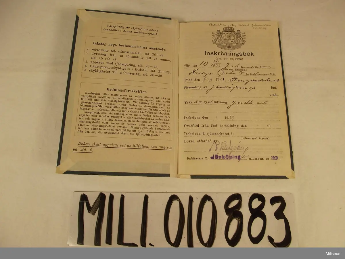 Inskrivningsbok för hären för Helge John Valdemar Johansson från 1933