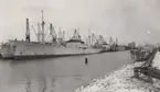 Fartyg liggande i Malmö hamn den 5.2.1953. Från höger: M/S FALKEN, M/S VASALAND, M/S BOREN, M/S LOMMAREN, M/S SPARREHOLM, M/S STEGEHOLM.