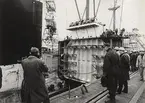 Det engelska lastmotrorfartyget ATHELPRINCE av Liverpool förlänges vid Burmeister & Wain, i Köpenhamn. 16/2 1965.
