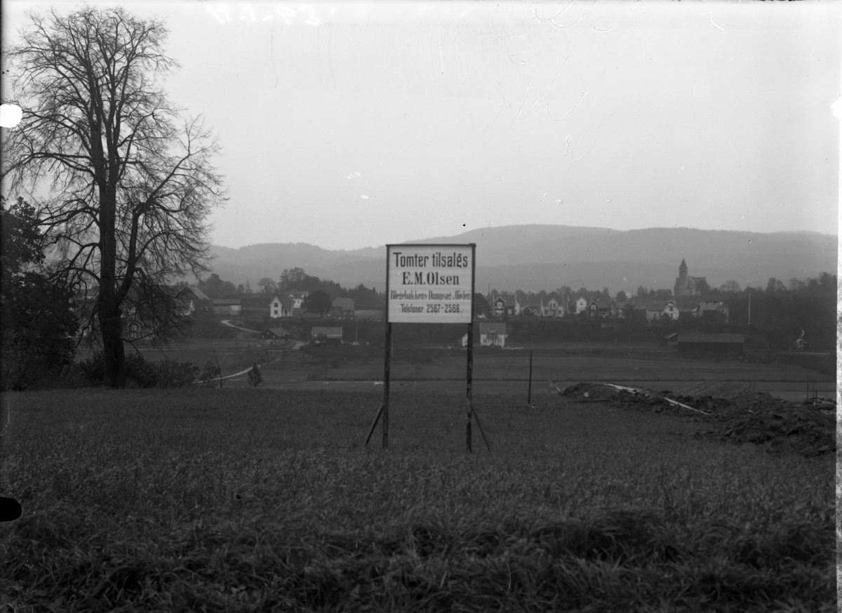 Skilt "Tomter tilsalgs E.M. Olsen" fotografert. Mæla Rising i bakgrunnen