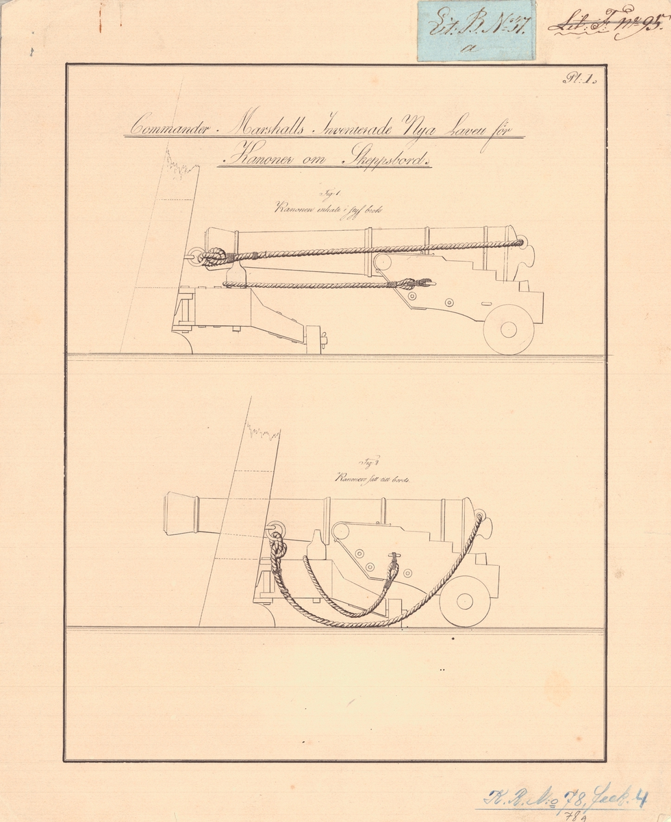 9 st ritningar visande Commander Marshalls inventerade nya lavett för kanoner om skeppsbord