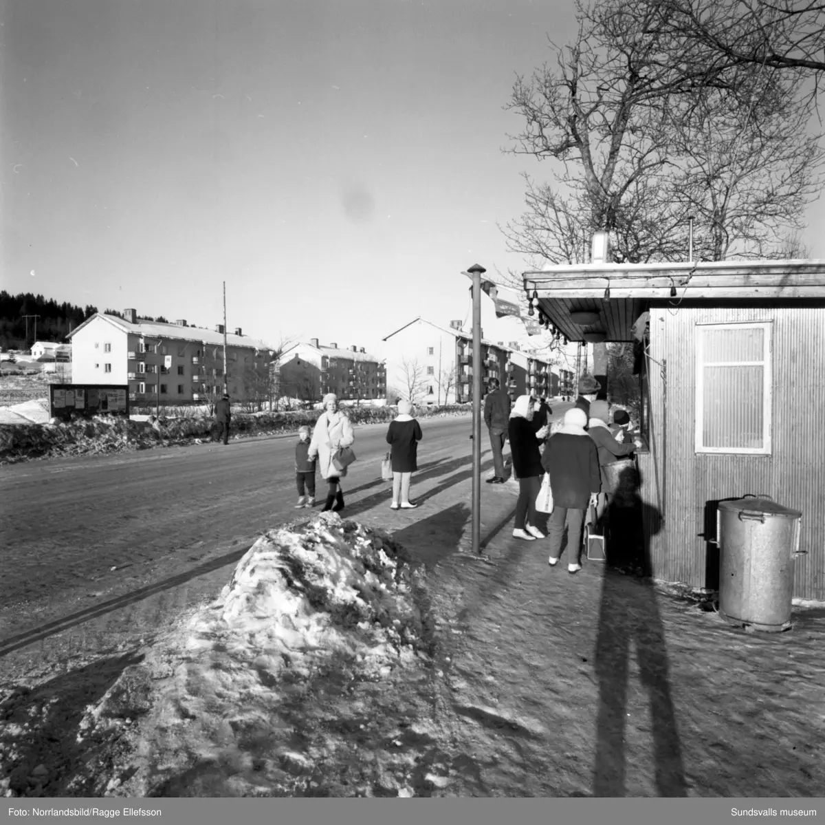 Hus, gator och människor i Timrå. Området Tallbacken med bronsskulpturen Smålandsflickorna av Thorwald Alef, Mariedalsskolan, en korvkiosk vid Köpmangatan och simhallen.