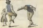 Akvarell. Dräktskiss, mansdräkt. Tre män i folkdräkt. Två dansar. Akarell ur skissbok ur Johan Gustaf Sandbergs arkiv, Nordiska museet  INV.NR: NM.0080508.