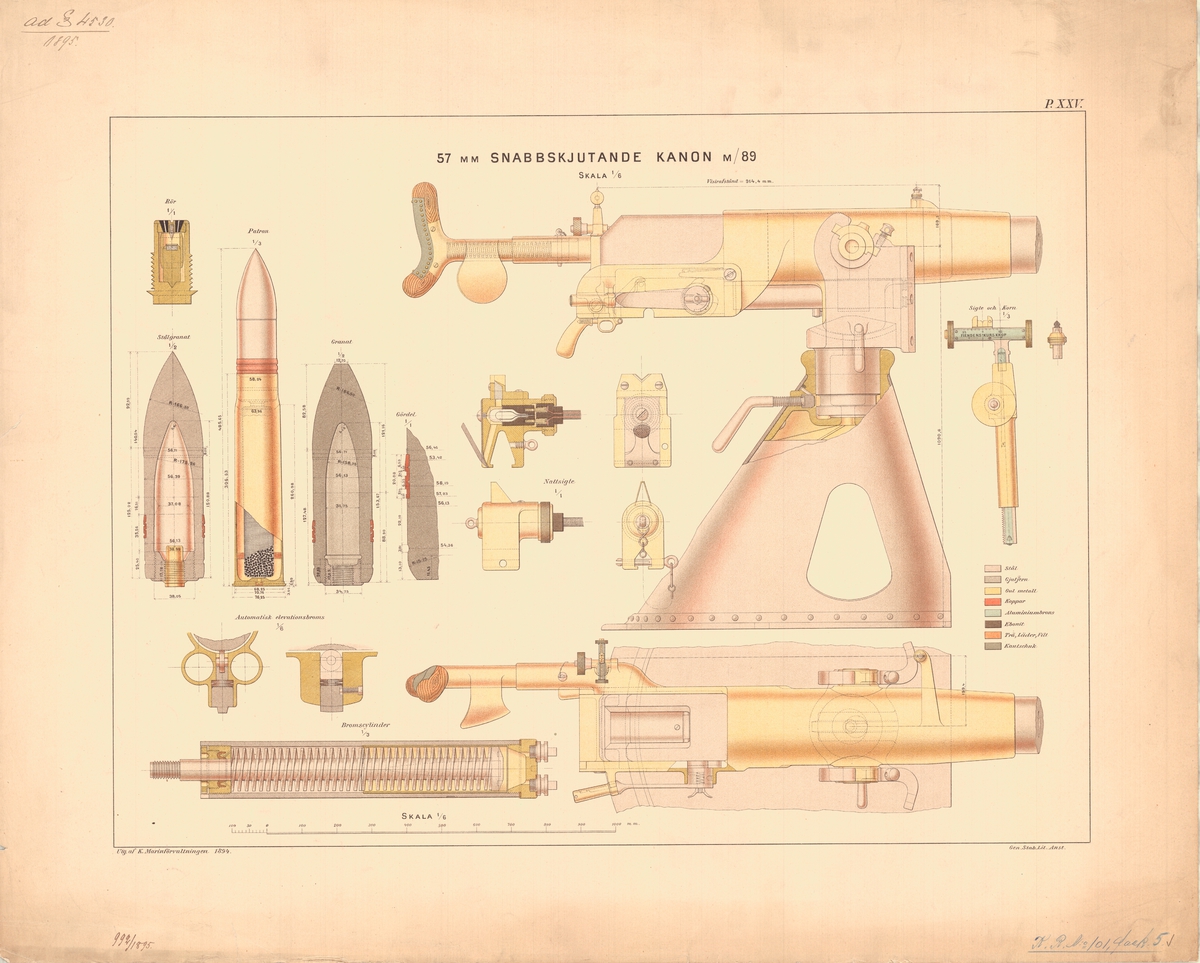 57 mm snabbskjutande kanon m/89, detaljer. Utgiven av Marinförvaltningen 1894