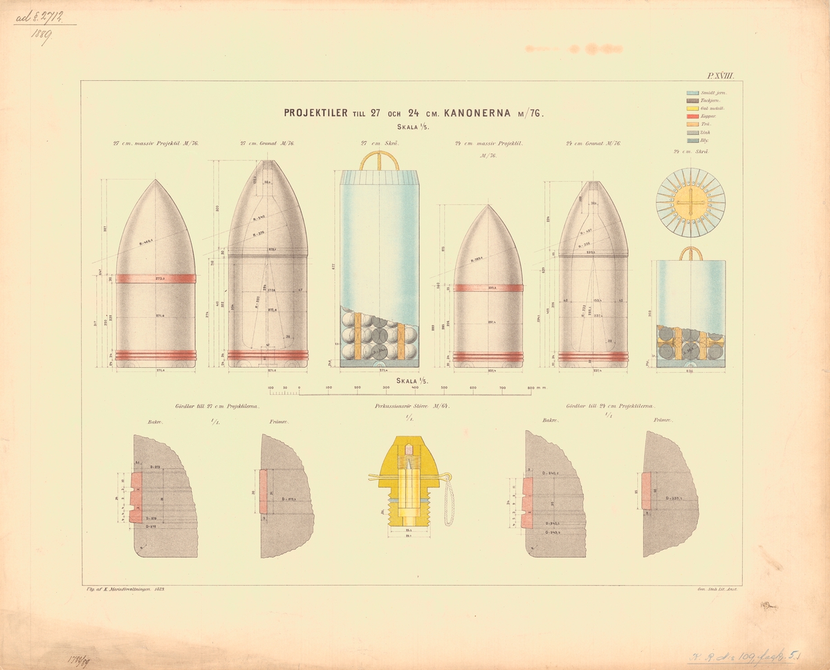 Projektiler till 27 och 24 cm kanonerna m/76. Utgiven av Marinförvaltningen 1889