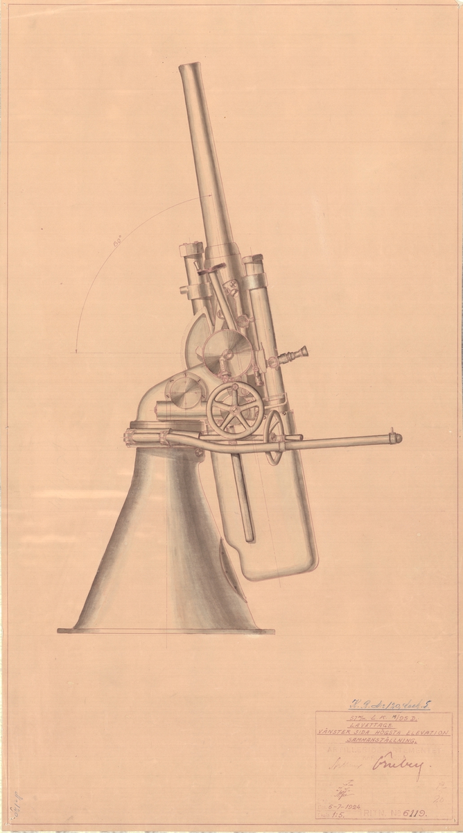 57 mm luftkanon m/95D, lavettage. Vänster sida högsta elevation, sammanställning