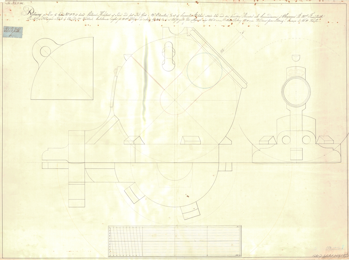 Ritning till en 80 pundig s.k. Vulcanmörsare av järn med fast fot, ställld i 45 graders elevation