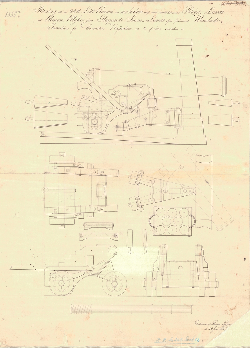 Ritning till en 24 pundig lättkanon om 100 kulors vikt med därtill hörande bröstlavett och kanonklyka samt släpande svanslavett efter förändrad Marshalls invention för korvetten Najaden.