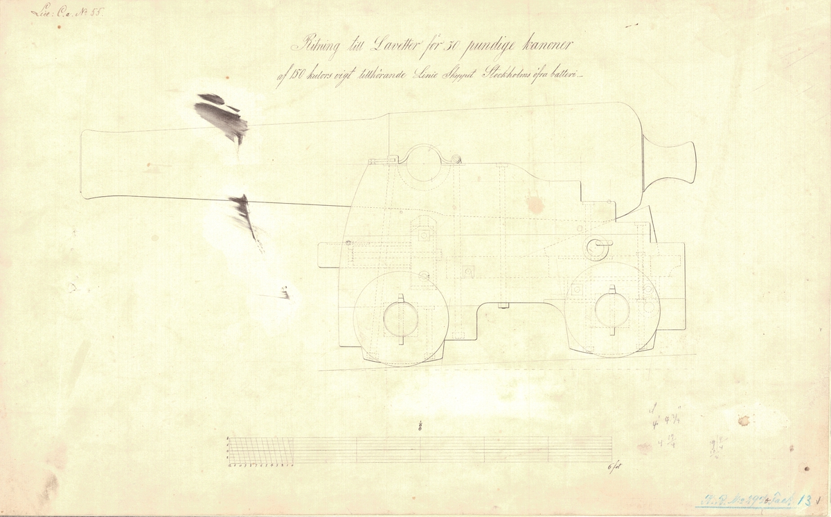 3 st ritningar till lavetter för 30 pundiga kanoner av 150 kulors vikt tillhörande linjeskeppet Stockholms övre batteri