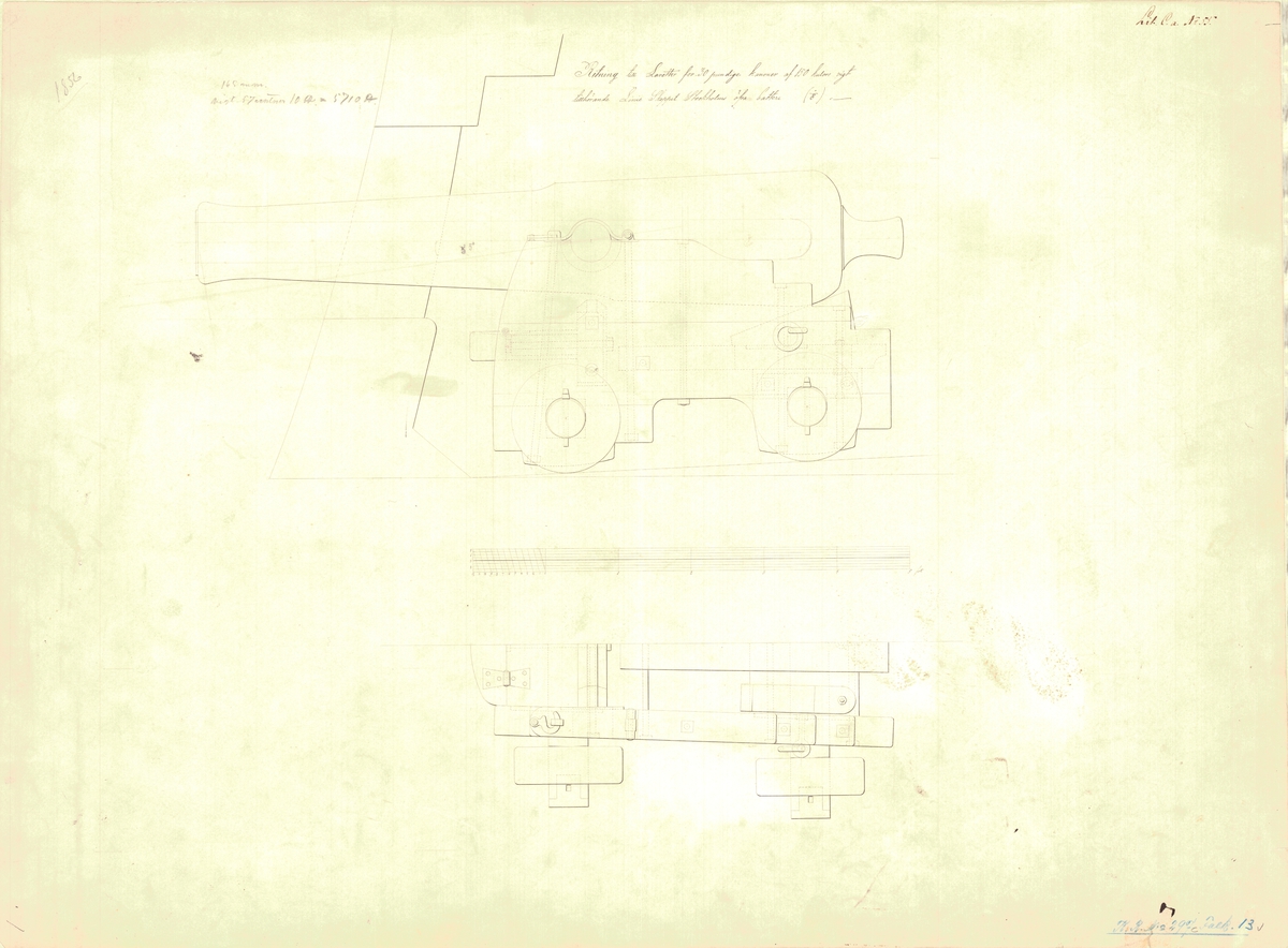 3 st ritningar till lavetter för 30 pundiga kanoner av 150 kulors vikt tillhörande linjeskeppet Stockholms övre batteri