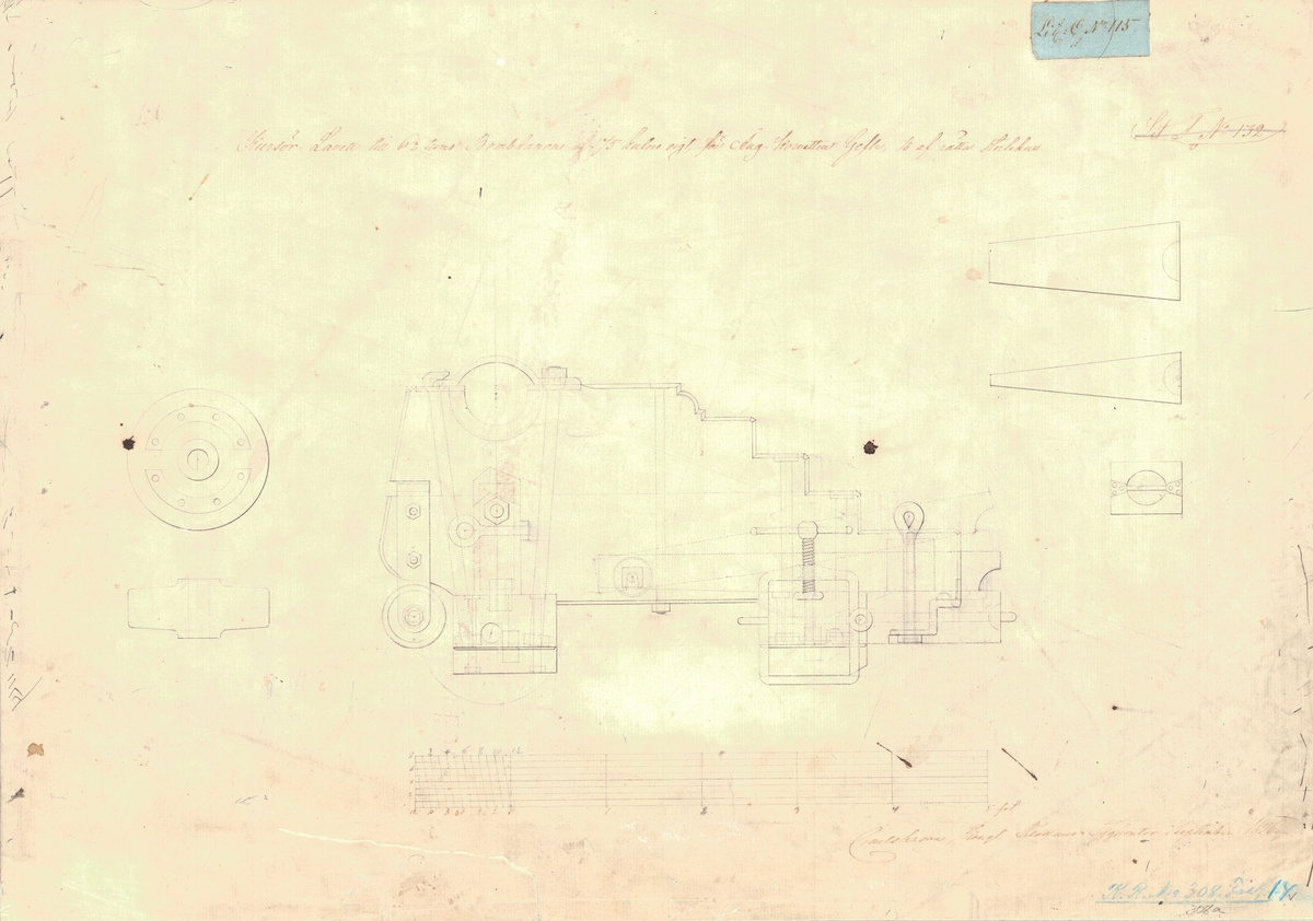 3 st ritningar visande kursörlavetter till 6Â½tums bombkanoner av 175 kg vikt för ångkorvetten Gefle
