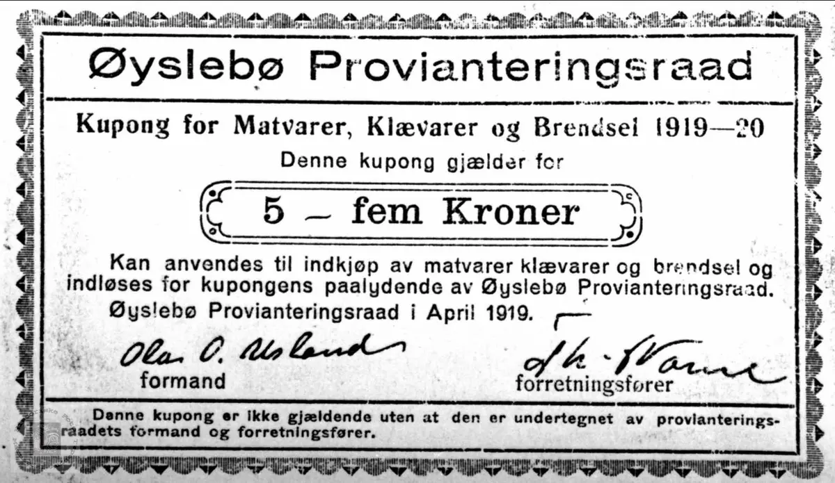 Øyslebø Provianteringsråd (bilett)