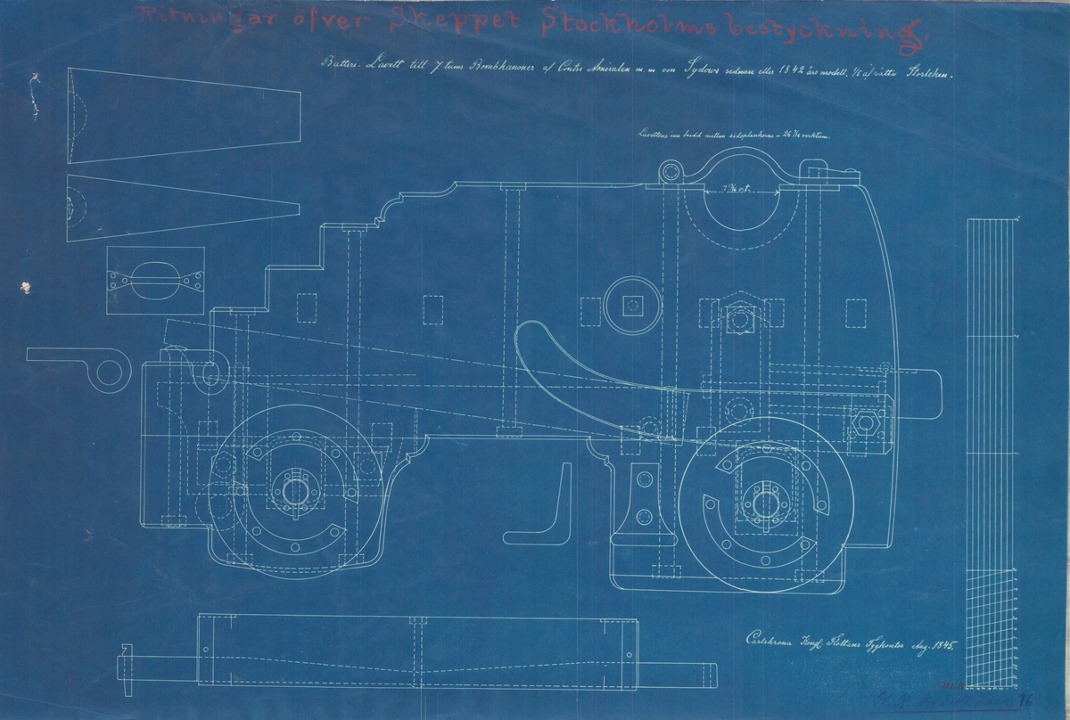 5 st ritningar till skeppet Stockholms bestyckning