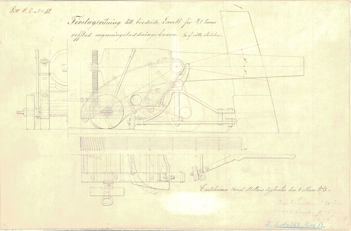 Förslagsritning till bredsidelavett för 4,1 tums refflad mynningsladdningskanon