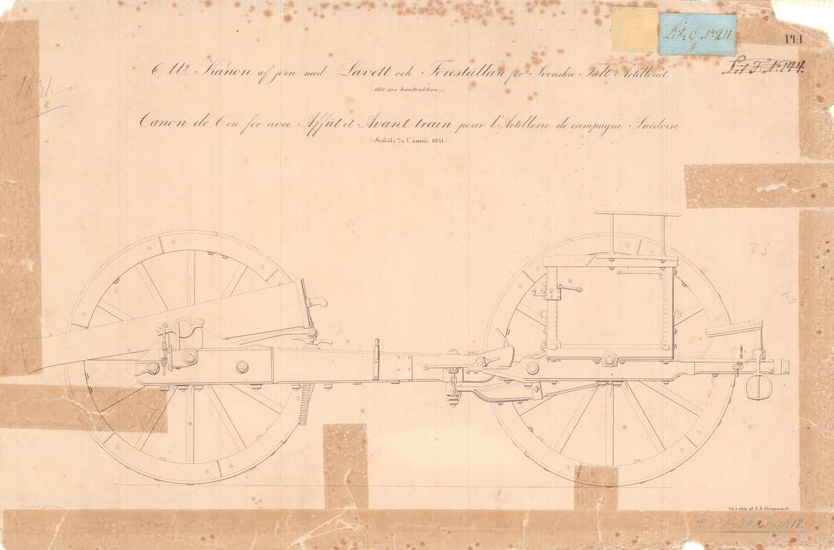 14 st ritningar visande 6 pundig kanon och 12 pundig granatkanon av järn med lavettage av 1831 års modell