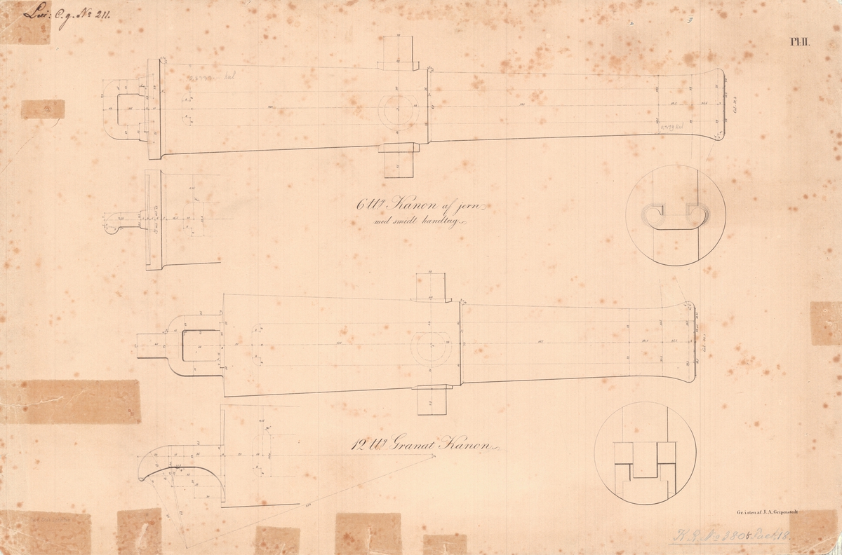 14 st ritningar visande 6 pundig kanon och 12 pundig granatkanon av järn med lavettage av 1831 års modell
