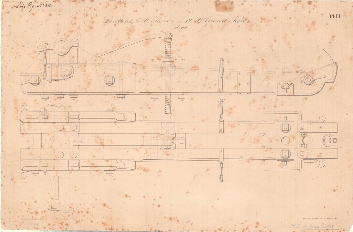 14 st ritningar visande 6 pundig kanon och 12 pundig granatkanon av järn med lavettage av 1831 års modell