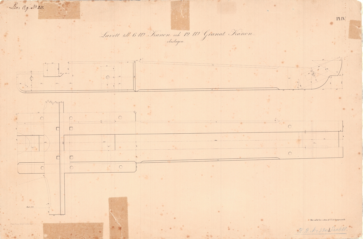 14 st ritningar visande 6 pundig kanon och 12 pundig granatkanon av järn med lavettage av 1831 års modell