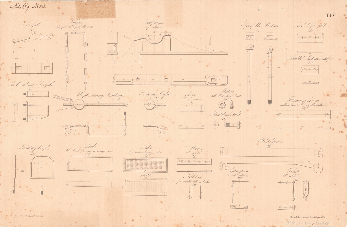 14 st ritningar visande 6 pundig kanon och 12 pundig granatkanon av järn med lavettage av 1831 års modell