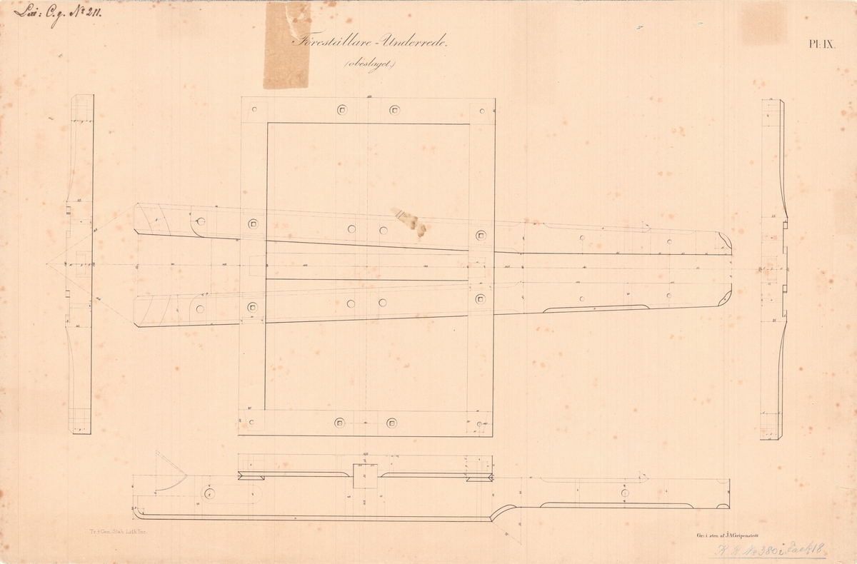 14 st ritningar visande 6 pundig kanon och 12 pundig granatkanon av järn med lavettage av 1831 års modell