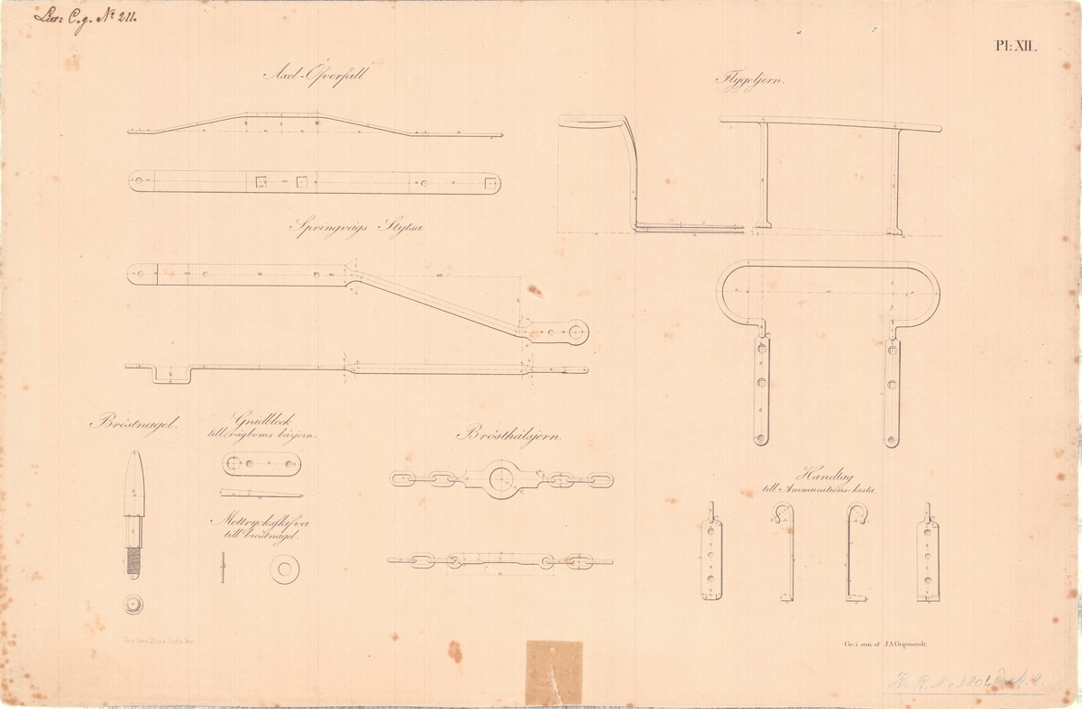 14 st ritningar visande 6 pundig kanon och 12 pundig granatkanon av järn med lavettage av 1831 års modell