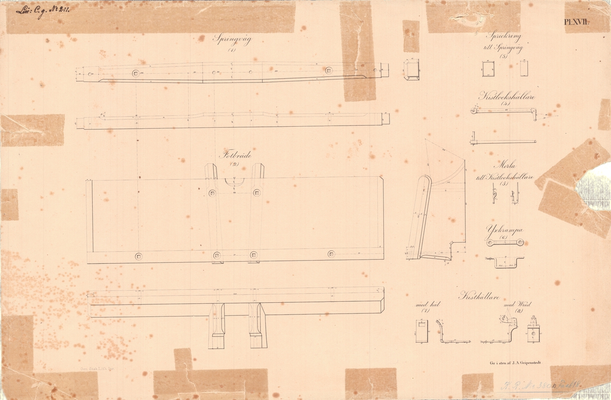 14 st ritningar visande 6 pundig kanon och 12 pundig granatkanon av järn med lavettage av 1831 års modell