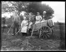 Johan Pettersson, Hjärtum 1868-08-01, okänd, Signe Johansson, född Hjärtum 1896, Hilda Johansson, Hjärtum 1900-04-27, okänd, alla med tinnhackor och sittande eller stående intill kärran på en åker i Brevik.