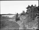 Olof Jonssons text: Vy från sjöbukten, ögonblick, 20 maj 1909 (strålande solsken kl. 2 e.m.). Öresjö med måsöarna i bakgrunden.