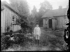 Sven, Hjärtum 1915-05-14, finklädd för att börja skolan. På bilden syns också grönsakslandet med kål och fruktträd.