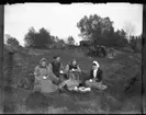 Kaffepaus vid potatisläggning på Arnstorp maj 1914. Beda Jonsson född Björn, Bäve 1892-12-20, Abraham Jonsson, Hj 1875-01-13, Britta Berntsdotter, Hjärtum 1843-07-12, och Olga Jonsson, född Olsson, Forsh 1891-05-12 sitter med kaffepanna, kaffekoppar och kaffekorg i gröngräset och i bakgrunden betar hästarna.