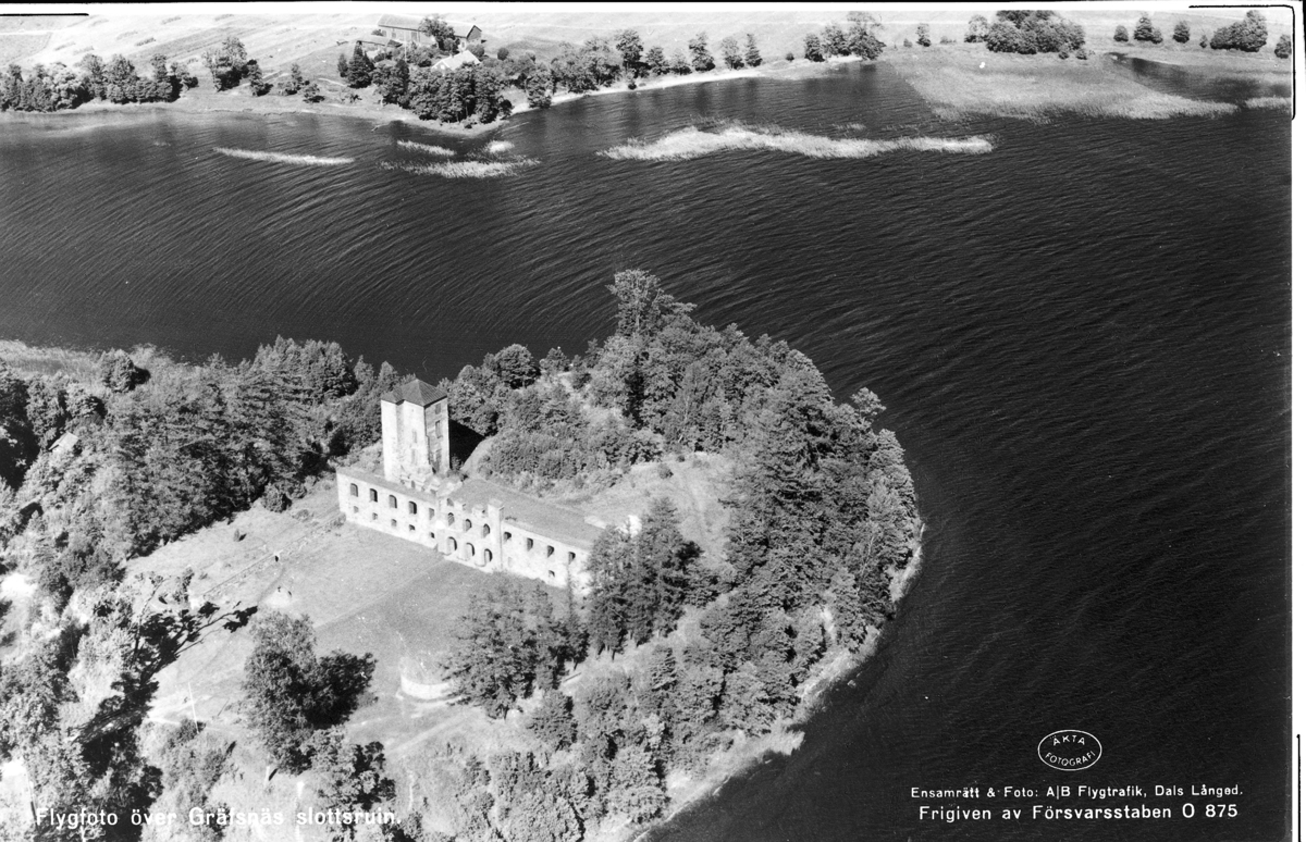 Text på bild:"Flygfoto över Gräfsnäs Slottsruin"