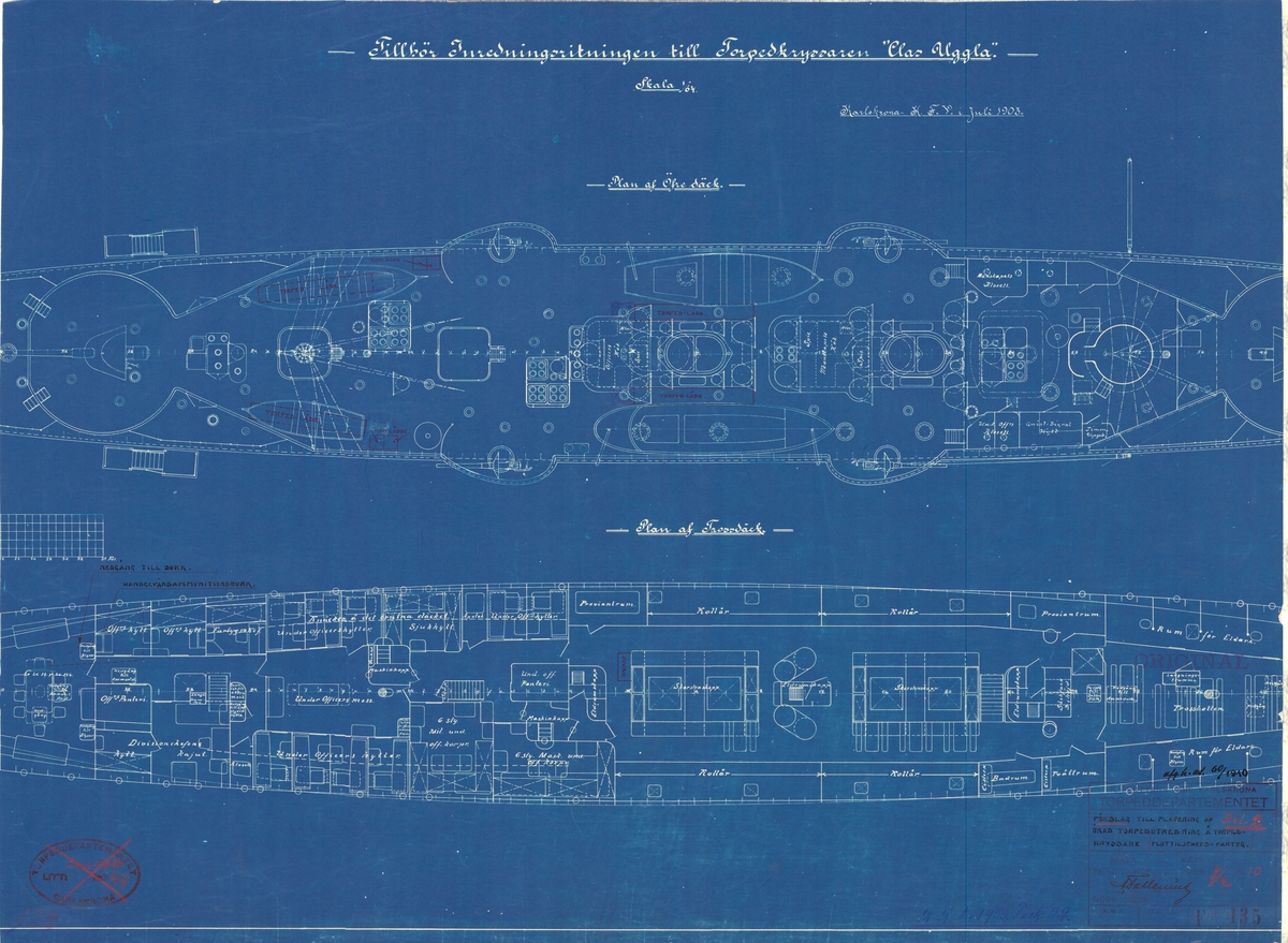 Sammanställningsritning på inredning. För placering av ökad torpedutredning. Plan av övre däck och trossdäck