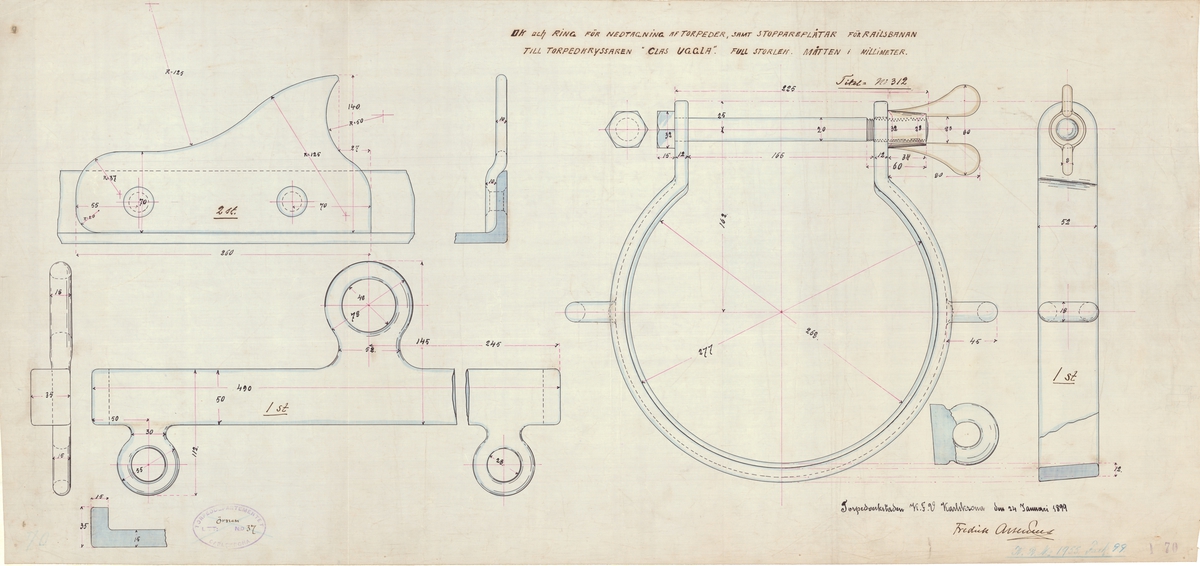 Ritning för ok och ring för nedtagning av torpeder samt stoppareplåtar för railsbanan