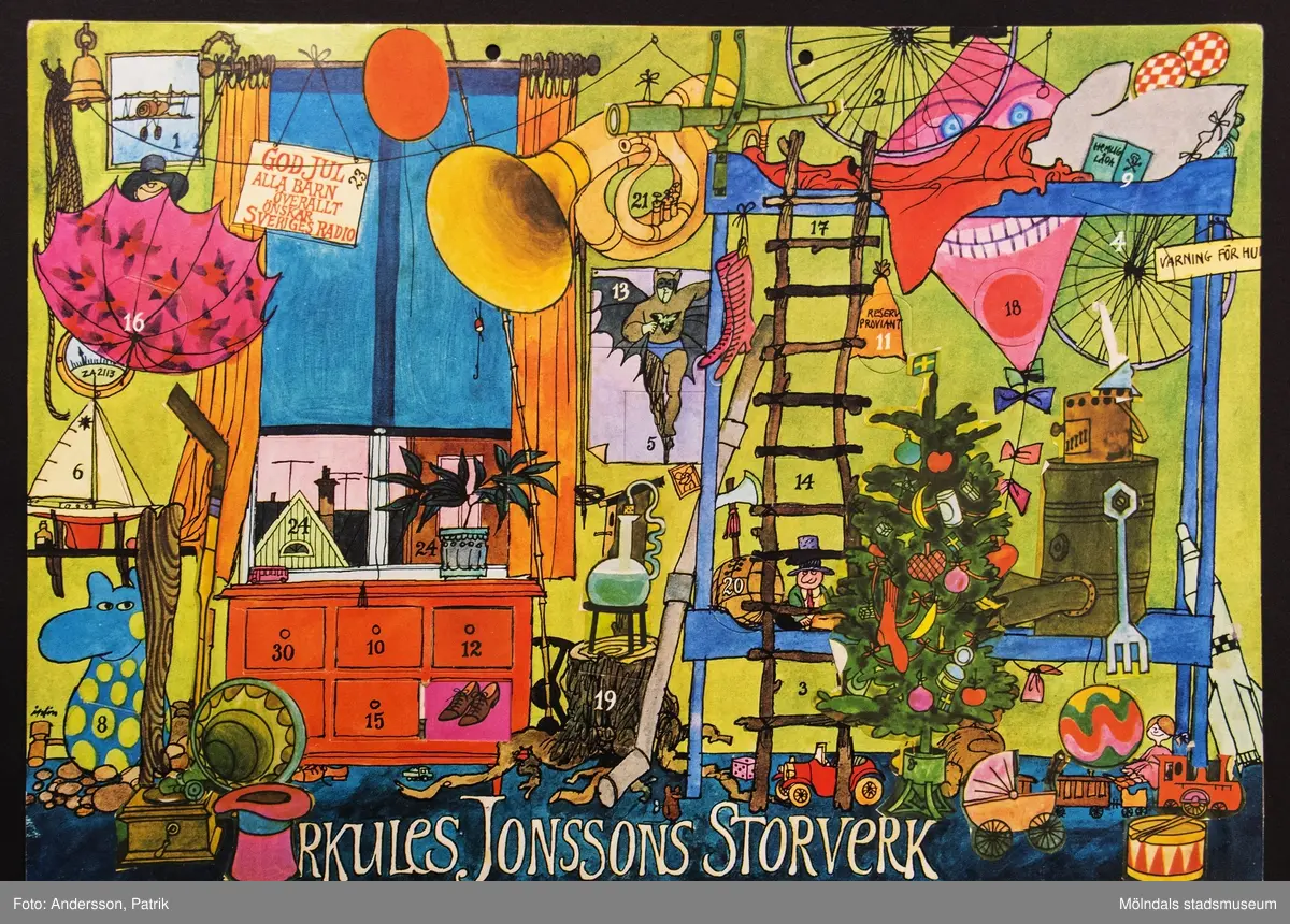 Sveriges Radios julkalender: Herkules Jonssons storverk, som sändes på radion och i SVT mellan den 30 november - 24 december 1969. Motivet på kalendern är tecknat av Per Åhlin.
I övre kanten på kalendern finns två hål för upphängning.