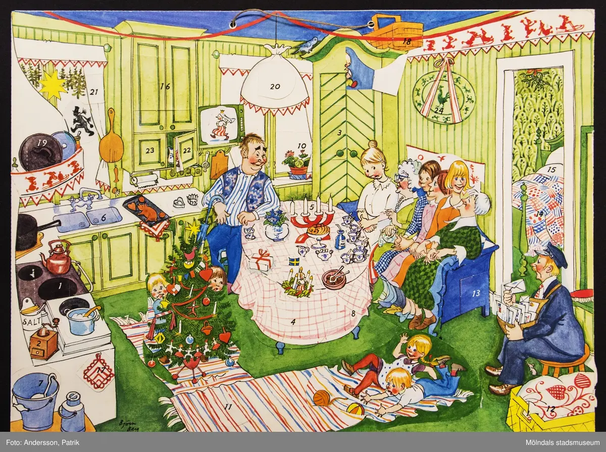 Sveriges Radios julkalender: Gumman som blev liten som en tesked,  som sändes på radion och i SVT 1 mellan den 3 -24 december 1976. Repris från 1967. Motivet på kalendern är tecknat av Björn Berg.
I övre kanten på kalendern finns två hål med ett snöre för upphängning.
