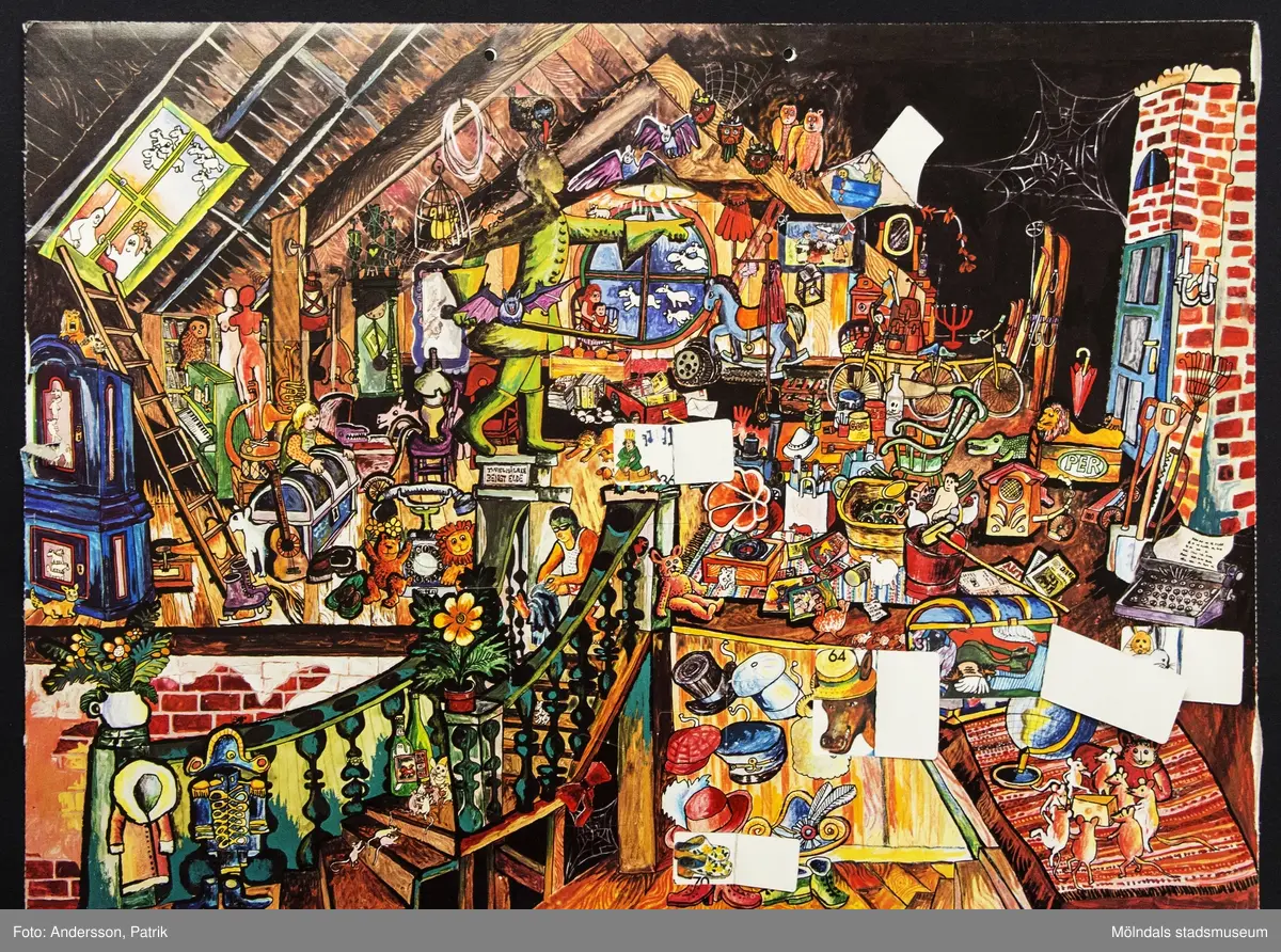 Sveriges Radios julkalender: Tomtar på loftet, som sändes i radion mellan den 1 - 24 december 1977. Motivet på kalendern är tecknat av Bengt Elde.
I övre kanten på kalendern finns två hål för upphängning.