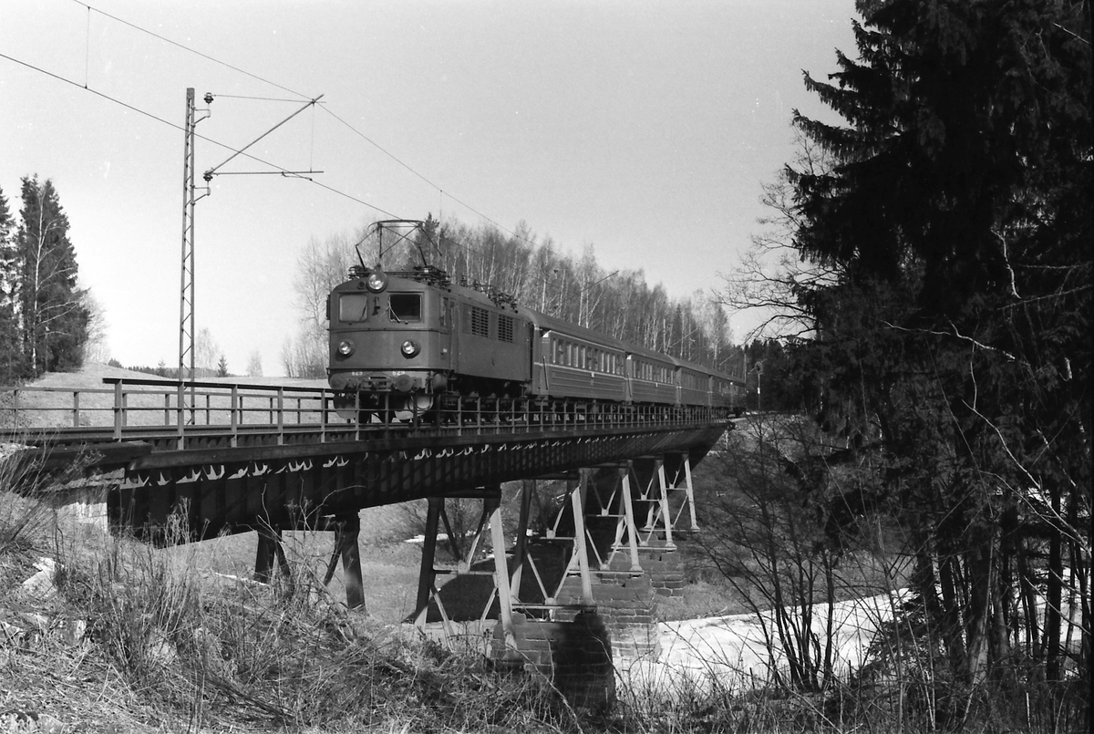 Ekspresstoget "Norgepilen" Stockholm - Oslo, tog 1034, mellom Blaker og Sørumsand. SJ loktype F, og NSB vogner type 3.