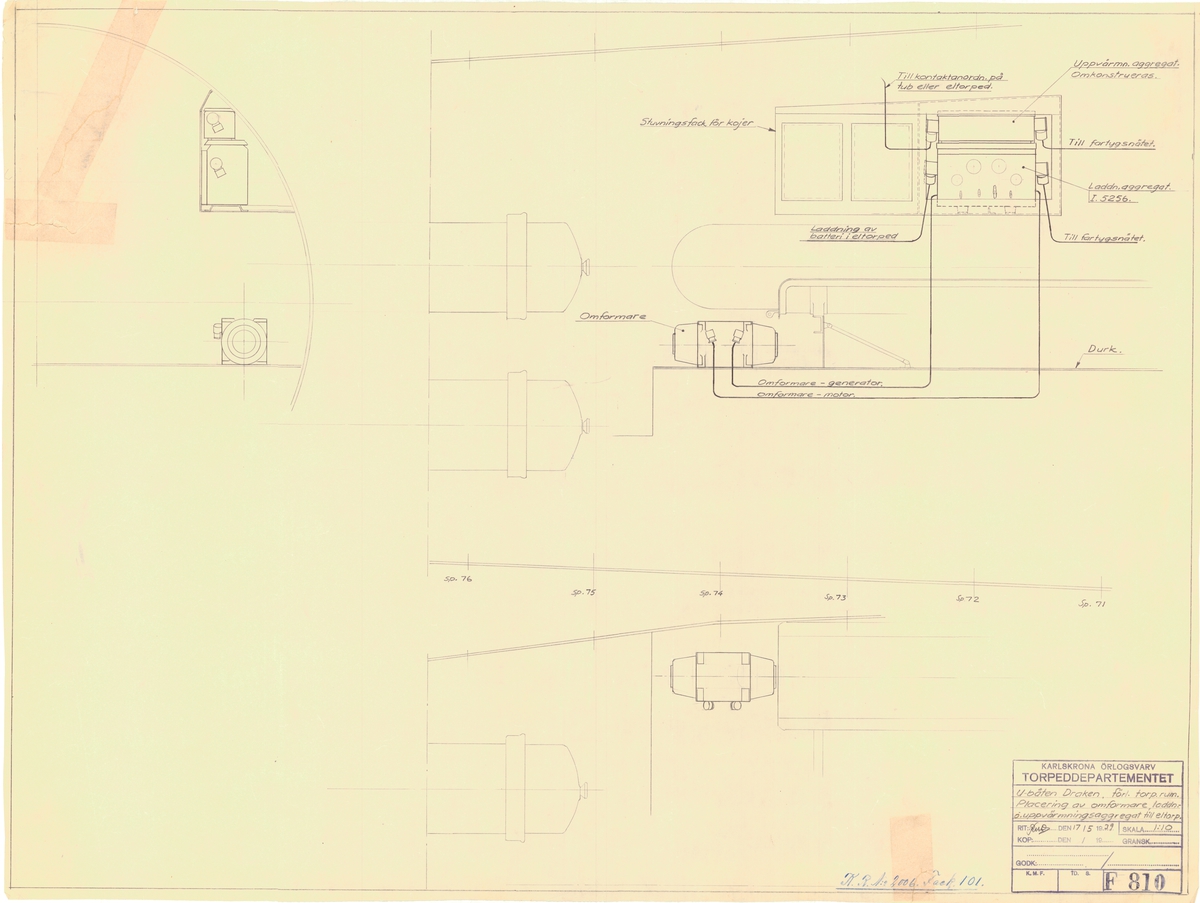 Detaljritning för torpedrum, placering av omformare, laddning och uppvärmningsaggreget till elektriska torpeder