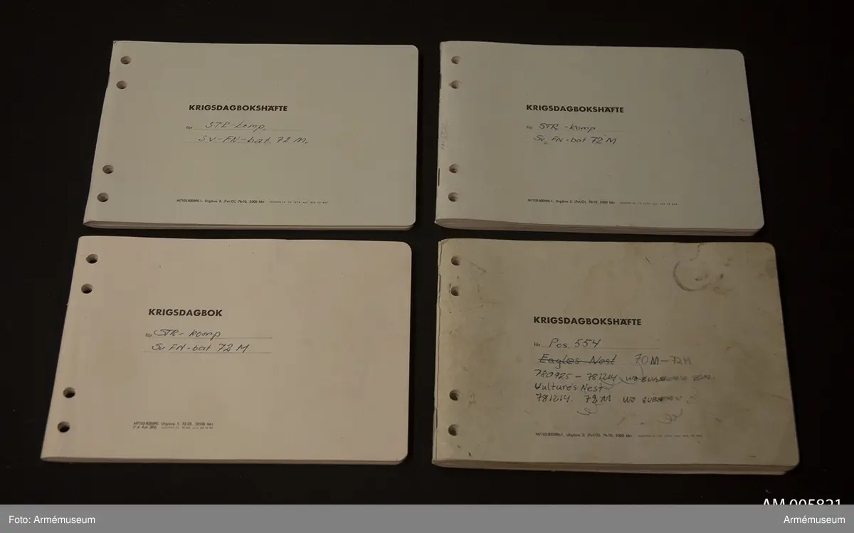 Dagbok, FN-bat. 70/72 M, Mellersta Östern.Fyra krigsdagbokshäften från Sv FN bat 70 och 72 M 1979. Från stridskompaniet i Mellersta Östern.
