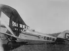 Civilt trafikflygplan De Havilland DH 50 med registrering G-EBFN på ett Internationella luftfartsutställningen, ILUG, i Göteborg, 1923.